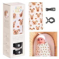 All4Ella 유모차 클립이 있는 모슬린 담요 선물 세트 | 통기성 경량 유기농 면 포대기 클립 2개 포함 귀여운 강아지 패턴 남아 및 여아용 신생아부터 만 2세