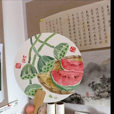 新品 純手繪扇子國畫團扇漢服中國風扇舞蹈影樓拍攝成品扇 副廠商品, 1個, 西瓜