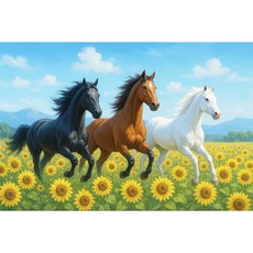 심스타 실십자수 병오년 뛰노는 말 해바라기 꽃 길조 복 프린트 패키지 diy, 40x50cm 면사 3가닥자수, 1개