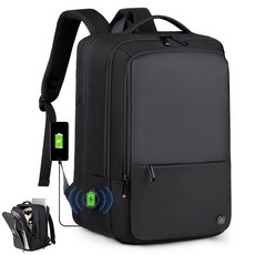 KURUA 대용량 확장형 백팩 직장인 출장용 여행 배낭 방수 옥스포드 원 USB 충전 슬롯 가방, 블랙