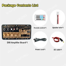 블루투스 5.0 DIY 앰프 모듈 12V/24V D50 D10C D30-II 시리즈 오디오 앰프 고음 및 저음 조절 가정 및 차량, 01 EU Plug, 01 D50