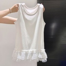 ROYALBELLE 여성 라운드넥 민소매 레이스 프릴 밑단 슬림핏 이너 나시 S012703