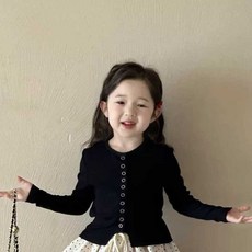 女童長袖開衫上衣 黑色純棉外套 兒童春秋百搭洋氣打底衫