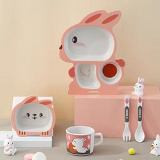 竹纖維奧特曼兒童餐具套裝，卡通輔食分格餐盤碗叉勺, 1個, 運動粉兔,杯子