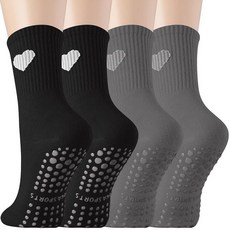 여성용 필라테스 양말 미끄럼 방지 그리퍼 포함 귀여운 하트 요가 크루 면 양말 바레 맨발 운동용 블랙 2개+그레이 2개 169998