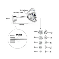 LUXUSTEEL 1Pairs/2Pcs 여성을위한 스테인레스 스틸 크리스탈 스터드 귀걸이 남성 4 프롱 Tragus 라운드 클, 07 twist back 185S, 01 3mm