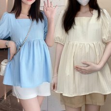 페플럼 블라우스 여름 반팔 스퀘어넥 여성용 캐주얼 임산부 루즈핏 티셔츠