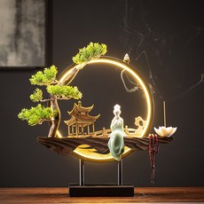 禪意燈圈倒流香爐 家用室內薰香 客廳玄關茶道裝飾送禮, 12_望湖亭燈圈擺件、崖柏(畫)