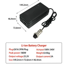 25.2V 5A 리튬 충전기 DC5521 커넥터 (6시리즈 21.6V 이온 배터리 고속 입력 전압 100-240V, 05 UK Plug, 01 China Mainland, 02 25.2V 5A GX16 3PIN