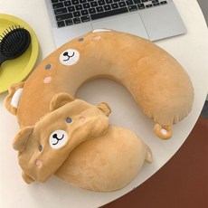 Asure 큐티 애니멀 오피스 학교 여행 U자형 목베개 수면 안대 세트, 브라운