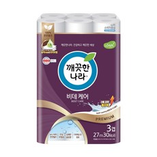 깨끗한나라 비데 케어 3겹 롤화장지 27m, 30롤, 1개