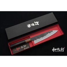 和欣行 真崎直樹作 白二鋼 黑打 梨地 和牛刀 180mm (多種柄鞘可選), 黑檀白牛角, 1個, 黑檀白牛角