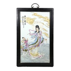 博古珍藏 民國粉彩童子觀音圖瓷板紫檀木掛屏，高61公分，早期收藏老件瓷器，超值回饋居家裝飾