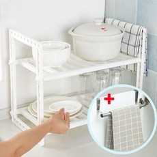 2단 싱크대하부 선반정리 싱크인선반과 길이조절 스텐 싱크대 행주걸이, 화이트/실버, 1개