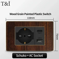 118형 블랙 우드 그레인 스타일 스위치 및 소켓 패널 이탈리아 표준 벽 플레이트 커버 침실 사무실 가정, 05 Schuko-AC, 01 wood grain