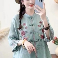 여성 레트로 자수 린넨셔츠 여름 플라워 셔츠 문학적 에스닉 스타일 칼라 오버랩 라펠 탑