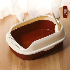 Nicole寵物 加高小貓砂盆（附貓沙鏟 上蓋）6711 貓便盆 貓廁所 貓尿盆 防濺砂 防噴砂 加高貓砂, 1個, 6711 咖啡色, 咖啡色