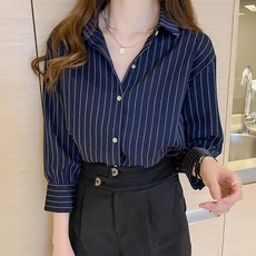 여성 모던핏 스트라이프 셔츠 오피스룩 세로 세련된 블라우스 여리여리 긴팔 셔링 리본 카라