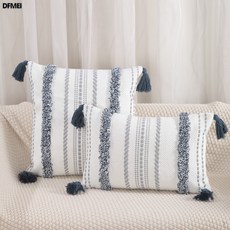DFMEI 新款棉紗提花簇絨流蘇抱枕套辦公室腰靠枕家居沙發牀頭靠墊, 灰底-藏青
