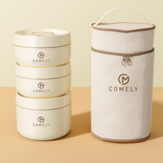 코믈리 304 스테인리스 전자레인지 적용 보온 도식락통 휴대용 보온가방 포함, 3개, 베이지