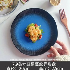 돈까스접시 음식 원형 플레이트 식당 업소용 양식, 1개, BJ. 7.9인치 파란색과 검정색 수직 패턴의 특수한