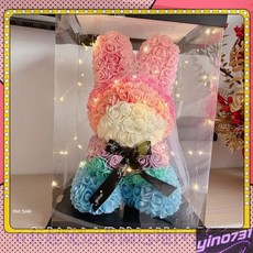 【臺灣出貨】永生玫瑰花兔聖誕情人節母親節生日禮物送老婆閨蜜泡沫玫瑰花兔子-輕時尚, 白色,40公分皇冠頭紗款帶禮盒彩燈, 1個