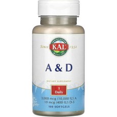 비타민D KAL 비타민 A & D 10000/400 U 소프트젤 100개, KAL - 비타민 A & D 10000/400 IU 소, 1개, 100정