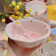 家廚好物 奶fufu陶瓷甜品碗早餐碗飯碗星星勺子麵碗家用高顔值餐具釉下彩, 1個, 奶油粉【珍珠碗+粉星星勺】1碗1勺