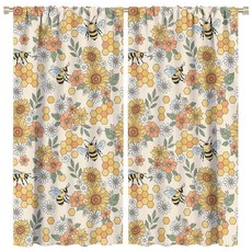 [ 1280450 ] 자데리스 스프링 비즈 커튼 다채로운 꽃 옐로우 기하학 육각형 벌집 만화 귀여운 플라잉 꿀벌 침실 거실 봉 포켓 장식 창문 드레이프 2 패널 너비 53.3