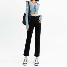 Yellwel 여성용 하이웨스트 슬림 스판 9부청바지 편안한 캐주얼 데일리 팬츠 DJP