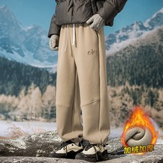 德絨雙面絨重磅防風衛褲，男士秋冬加絨加厚運動休閒長褲，寬鬆大尺碼防風保暖, 無規格, 卡其