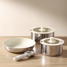 CookBuddy 스텐 인덕션 탈 부착 손잡이 6종 냄비 세트, 1세트, 18cm밀크냄비+22cm탕솥+26cm후라이팬, 크림색 + 실버색