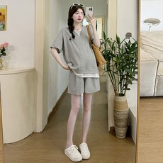 [벨루미아] 여름 임산부 투피스 세트 시원한 착용감 편안한 레저룩 데일리 활용 예쁜 임부복 스타일 코디