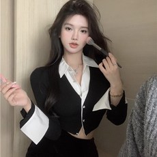 투니스 여성 패션 투피스 디자인 긴소매 크롭 셔츠