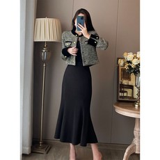 데일리 여성 정장 세트 슬림 머메이드 원피스 + 자켓 세트 봄 여름 여자 오피스룩 투피스 세트 YSQ