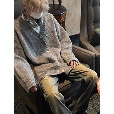 2025春秋季新款美式複古休閒灰色慵懶風V領針織衫毛衣男開衫外套