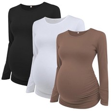 Ecavus 여성용 임산부 셔츠 긴소매 부드럽고 신축성 있는 상의 사이드 주름 장식 캐주얼 엄마 의류 화이트/브라운/블랙 XL 120729