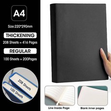 부드러운 PU 커버 공백 및 가로줄 내부 페이지 노트 A4 사무실 회의 일기 학습 메모장 100 208 매, Line 100 Sheets, A4 Dark Black