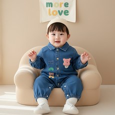 몽실이 데님 카라 우주복 아동 유아용 봄 가을 외출복 올인원 점프수트 남아 여아 커플룩