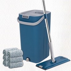 新錸家居 加大免手洗平板拖把組 (1桶1拖6布) 刮刮樂拖把 乾濕兩用 簡約藍白色, 1套