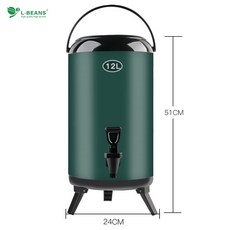 스테인레스 스틸 밀크티 절연 버킷 상업용 대용량 콜드 더블 레이어 두유 음료 온도계 차 음료 절연 버킷, 온도계가 없는 12L 짙은 녹색