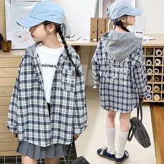 지오코코 여아용 초등학생 고학년 아동 유아 키즈 여자아이 체크 후드 남방 봄 가을 여아 셔츠 주니어옷