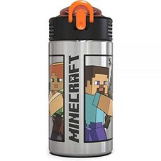 Zak Designs 디즈니 미니의 해피 헬퍼 - 스테인리스 스틸 물병 한 손으로 열 수 있는 뚜껑과 내장 휴대용 고리 포함 빨대 가 있는 아동용 물병 (458ml (15., 15.5 Ounces, 마인크래프트