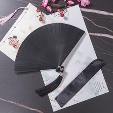 中國風全竹摺扇 漢服舞蹈扇, 1個, 18cm全黑色 扇套+大流蘇