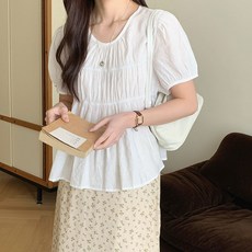 S~XL사이즈 여성 여리 러블리 퍼프 셔링 주름 밴딩 반팔 블라우스 빅사이즈 하객룩