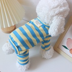 DFMEI 寵物衣服春夏薄款四腿家居服泰迪比熊小型犬貓狗服裝條紋夏裝, 1個, XD小熊標家居服-黃藍條