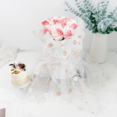 精美仙女飄飄小花網紗11朵玫瑰花香皂花束情人節生日禮物成品, 1個, 藕粉色(禮袋+燈串+賀卡)