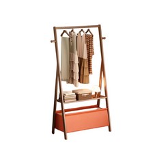 簡約實木落地衣帽架 臥室客廳多功能收納置物掛衣架 堅固耐用, 愛馬仕橙60cm【帶皮革收納籃】