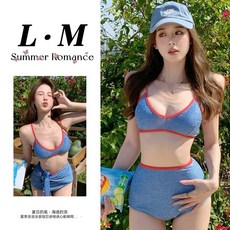 新款高腰復古比基尼三件套女，性感分體泳衣，海灘度假泳裝, 藍色三件套[帽+袋+鏡],S (建議37-45公斤)