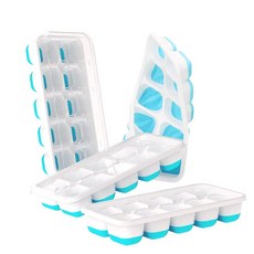 DOQAUS 아이스 큐브 트레이 4팩 쉽게 분리할 수 있는 실리콘 및 유연한 14개의 아이스 큐브 트레이 흘림 방지 탈착식 뚜껑 LFGB 인증 및 BPA 프리 칵테일, 라이트 블루